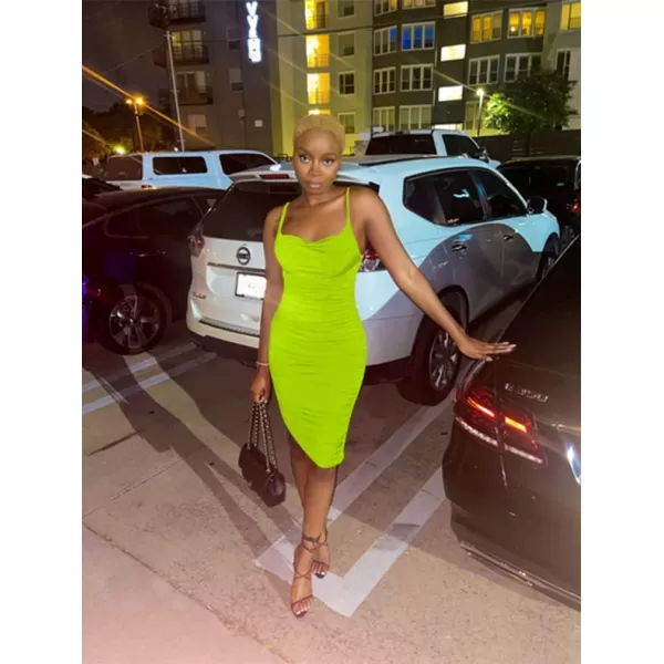 BEAGIMEG Womens Ruched Backless Spaghetti Strap Bodycon Party Club Midi DressFluogreen