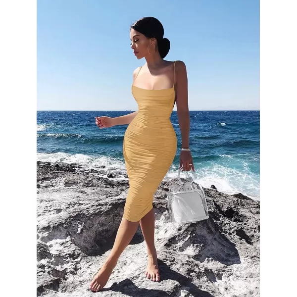 BEAGIMEG Womens Ruched Backless Spaghetti Strap Bodycon Party Club Midi DressKhaki