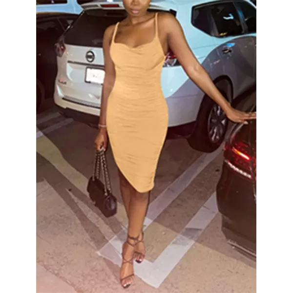 BEAGIMEG Womens Ruched Backless Spaghetti Strap Bodycon Party Club Midi DressKhaki