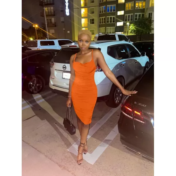 BEAGIMEG Womens Ruched Backless Spaghetti Strap Bodycon Party Club Midi DressOrange