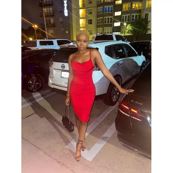 BEAGIMEG Womens Ruched Backless Spaghetti Strap Bodycon Party Club Midi DressRed