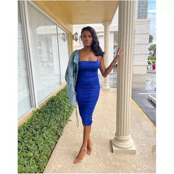 BEAGIMEG Womens Ruched Backless Spaghetti Strap Bodycon Party Club Midi DressRoyal Blue