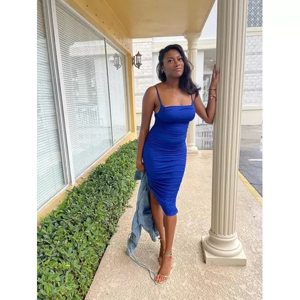 BEAGIMEG Womens Ruched Backless Spaghetti Strap Bodycon Party Club Midi DressRoyal Blue