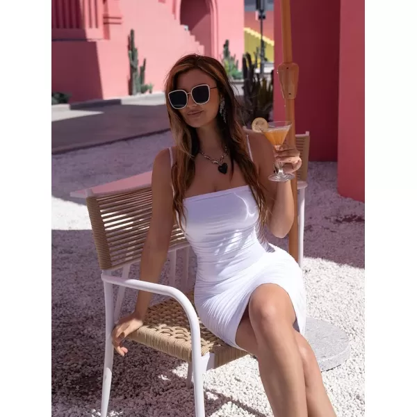 BEAGIMEG Womens Ruched Backless Spaghetti Strap Bodycon Party Club Midi DressWhite