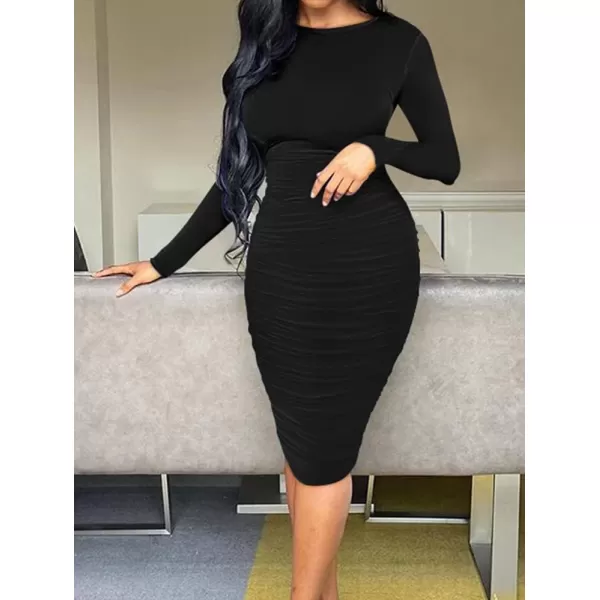 BEAGIMEG Womens Ruched Long Sleeve Elegant Bodycon Basic Casual Midi DressBlack