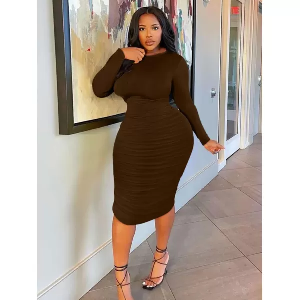 BEAGIMEG Womens Ruched Long Sleeve Elegant Bodycon Basic Casual Midi DressBrown