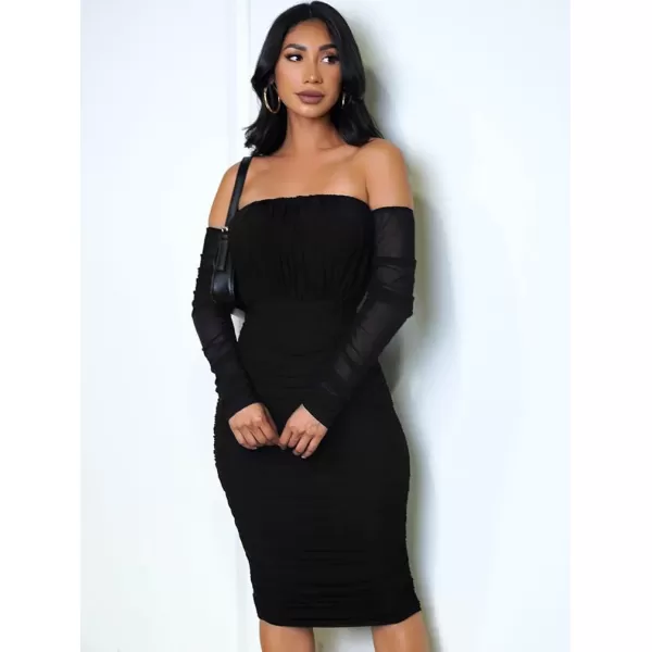 BEAGIMEG Womens Sexy Bodycon Elegant Mesh Long Sleeve Ruched Off Shoulder Party Club Cocktail Midi DressBlack