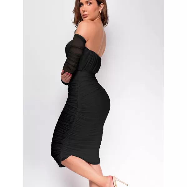 BEAGIMEG Womens Sexy Bodycon Elegant Mesh Long Sleeve Ruched Off Shoulder Party Club Cocktail Midi DressBlack
