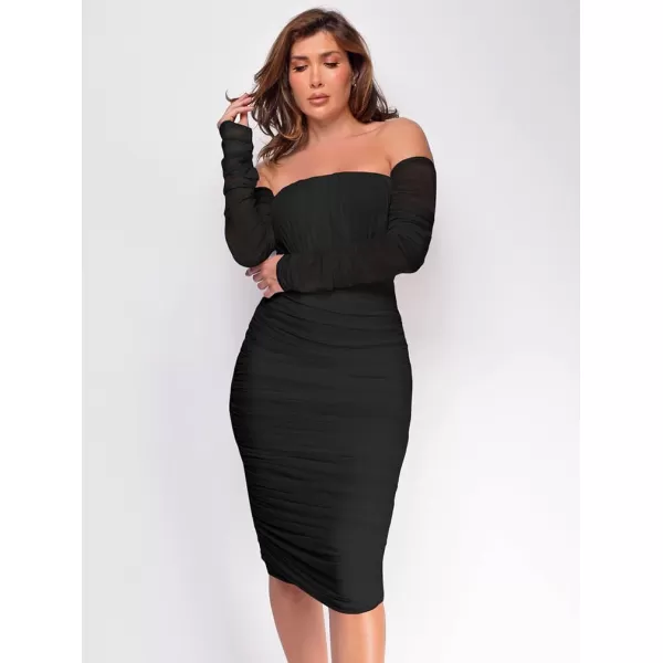 BEAGIMEG Womens Sexy Bodycon Elegant Mesh Long Sleeve Ruched Off Shoulder Party Club Cocktail Midi DressBlack