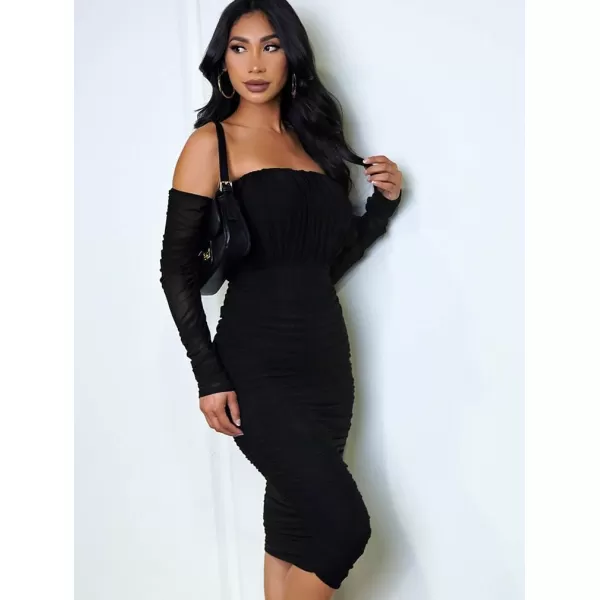 BEAGIMEG Womens Sexy Bodycon Elegant Mesh Long Sleeve Ruched Off Shoulder Party Club Cocktail Midi DressBlack