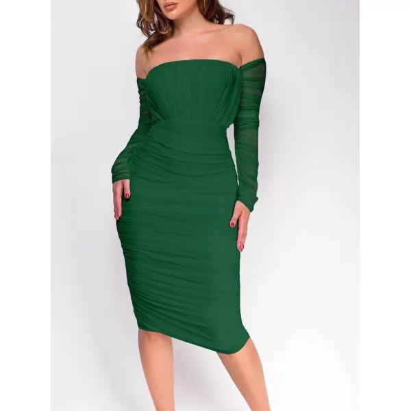 BEAGIMEG Womens Sexy Bodycon Elegant Mesh Long Sleeve Ruched Off Shoulder Party Club Cocktail Midi DressGreen
