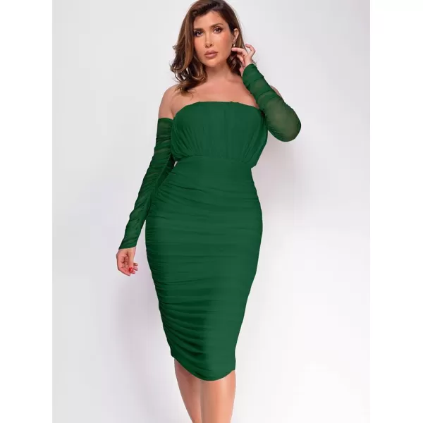 BEAGIMEG Womens Sexy Bodycon Elegant Mesh Long Sleeve Ruched Off Shoulder Party Club Cocktail Midi DressGreen