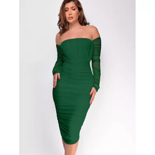 BEAGIMEG Womens Sexy Bodycon Elegant Mesh Long Sleeve Ruched Off Shoulder Party Club Cocktail Midi DressGreen