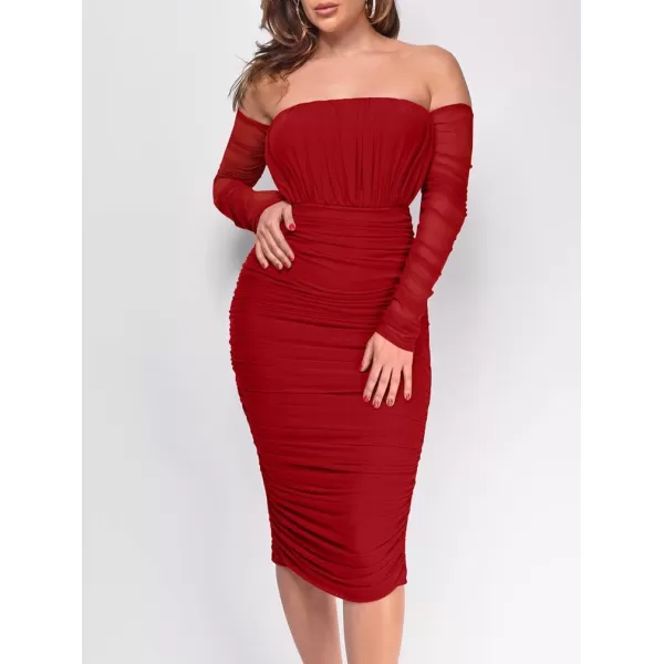 BEAGIMEG Womens Sexy Bodycon Elegant Mesh Long Sleeve Ruched Off Shoulder Party Club Cocktail Midi DressRed