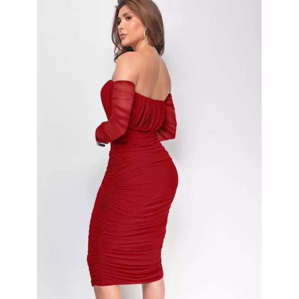 BEAGIMEG Womens Sexy Bodycon Elegant Mesh Long Sleeve Ruched Off Shoulder Party Club Cocktail Midi DressRed