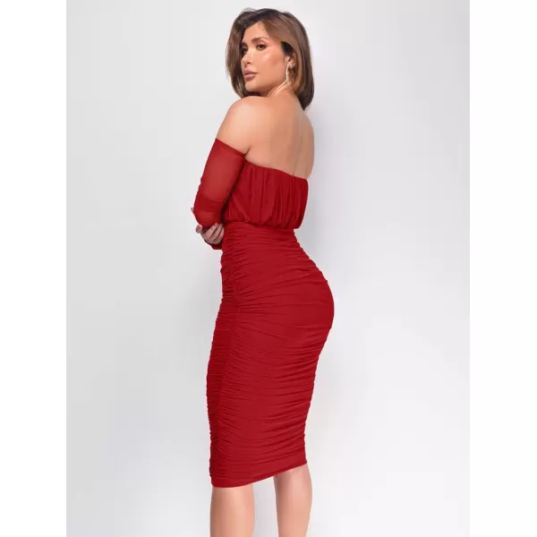 BEAGIMEG Womens Sexy Bodycon Elegant Mesh Long Sleeve Ruched Off Shoulder Party Club Cocktail Midi DressRed