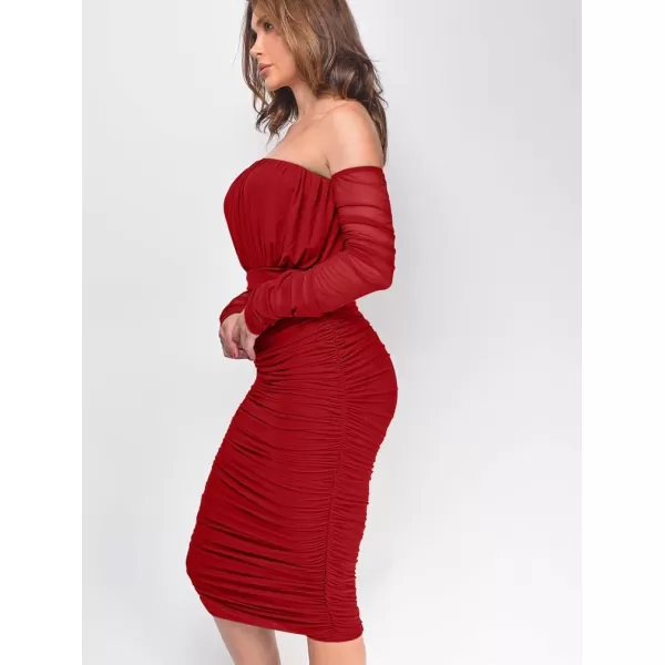 BEAGIMEG Womens Sexy Bodycon Elegant Mesh Long Sleeve Ruched Off Shoulder Party Club Cocktail Midi DressRed