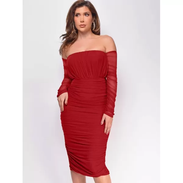 BEAGIMEG Womens Sexy Bodycon Elegant Mesh Long Sleeve Ruched Off Shoulder Party Club Cocktail Midi DressRed