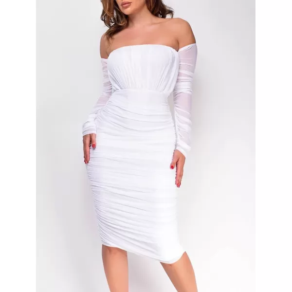 BEAGIMEG Womens Sexy Bodycon Elegant Mesh Long Sleeve Ruched Off Shoulder Party Club Cocktail Midi DressWhite