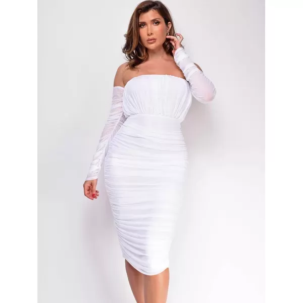 BEAGIMEG Womens Sexy Bodycon Elegant Mesh Long Sleeve Ruched Off Shoulder Party Club Cocktail Midi DressWhite