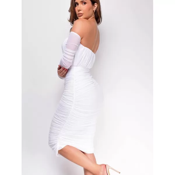 BEAGIMEG Womens Sexy Bodycon Elegant Mesh Long Sleeve Ruched Off Shoulder Party Club Cocktail Midi DressWhite