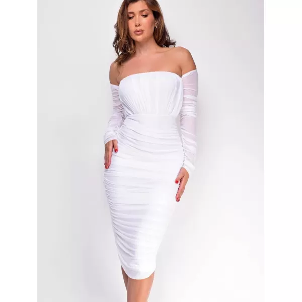 BEAGIMEG Womens Sexy Bodycon Elegant Mesh Long Sleeve Ruched Off Shoulder Party Club Cocktail Midi DressWhite