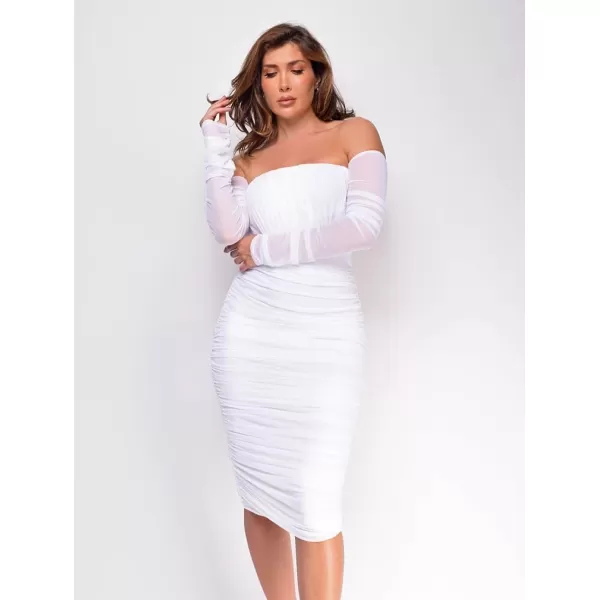 BEAGIMEG Womens Sexy Bodycon Elegant Mesh Long Sleeve Ruched Off Shoulder Party Club Cocktail Midi DressWhite