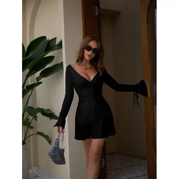 BEAGIMEG Womens Sexy Bodycon Long Sleeve Ruched Deep V ALine Club Party Mini DressBlack