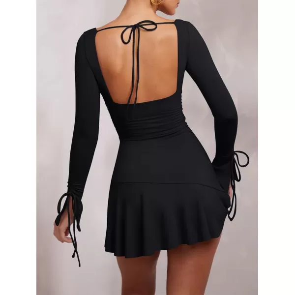 BEAGIMEG Womens Sexy Bodycon Long Sleeve Ruched Deep V ALine Club Party Mini DressBlack
