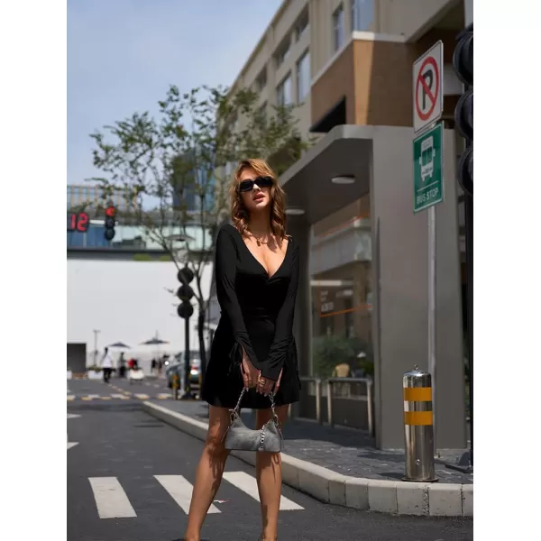BEAGIMEG Womens Sexy Bodycon Long Sleeve Ruched Deep V ALine Club Party Mini DressBlack