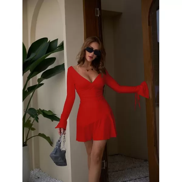 BEAGIMEG Womens Sexy Bodycon Long Sleeve Ruched Deep V ALine Club Party Mini DressRed