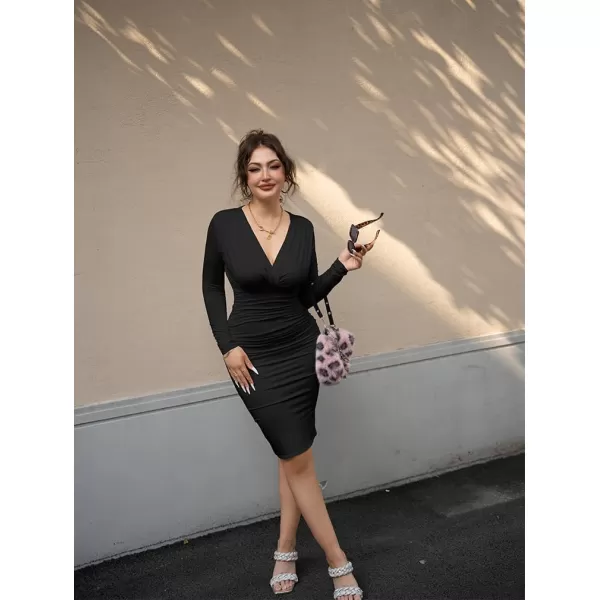 BEAGIMEG Womens Sexy Bodycon Long Sleeve Ruched Deep V Neck Solid Party Club Midi DressBlack