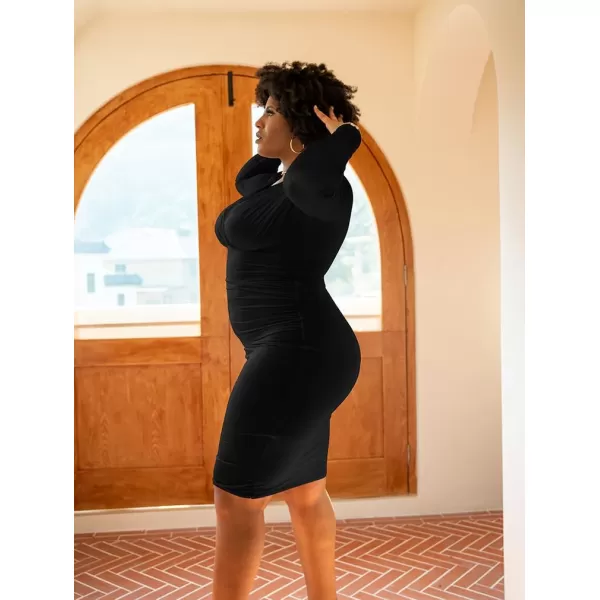 BEAGIMEG Womens Sexy Bodycon Long Sleeve Ruched Deep V Neck Solid Party Club Midi DressBlack