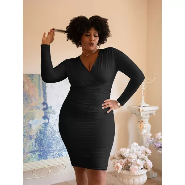 BEAGIMEG Womens Sexy Bodycon Long Sleeve Ruched Deep V Neck Solid Party Club Midi DressBlack