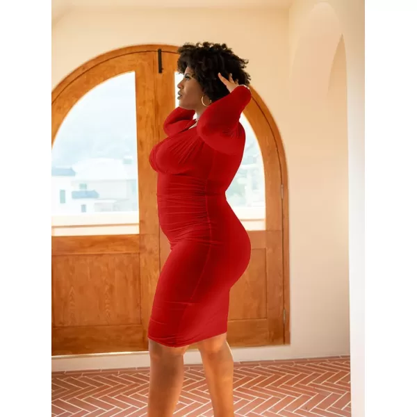 BEAGIMEG Womens Sexy Bodycon Long Sleeve Ruched Deep V Neck Solid Party Club Midi DressRed
