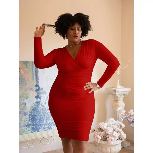 BEAGIMEG Womens Sexy Bodycon Long Sleeve Ruched Deep V Neck Solid Party Club Midi DressRed