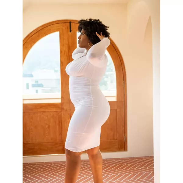 BEAGIMEG Womens Sexy Bodycon Long Sleeve Ruched Deep V Neck Solid Party Club Midi DressWhite