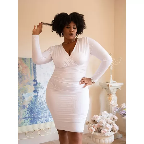 BEAGIMEG Womens Sexy Bodycon Long Sleeve Ruched Deep V Neck Solid Party Club Midi DressWhite