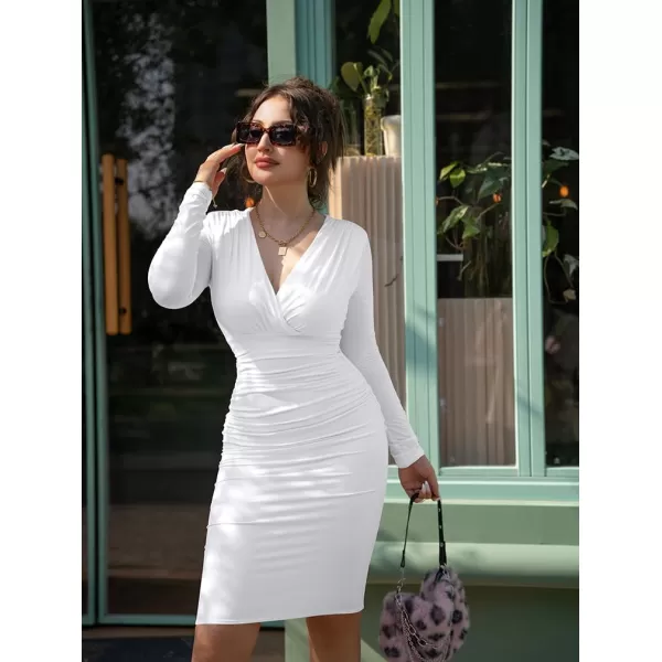 BEAGIMEG Womens Sexy Bodycon Long Sleeve Ruched Deep V Neck Solid Party Club Midi DressWhite