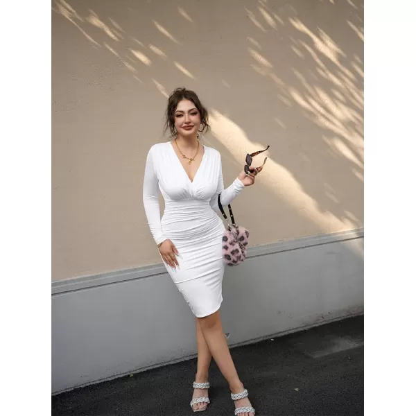 BEAGIMEG Womens Sexy Bodycon Long Sleeve Ruched Deep V Neck Solid Party Club Midi DressWhite