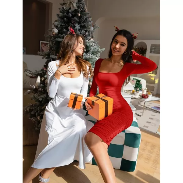 BEAGIMEG Womens Sexy Bodycon Long Sleeves Ruched Square Neck Party Club Midi DressRed