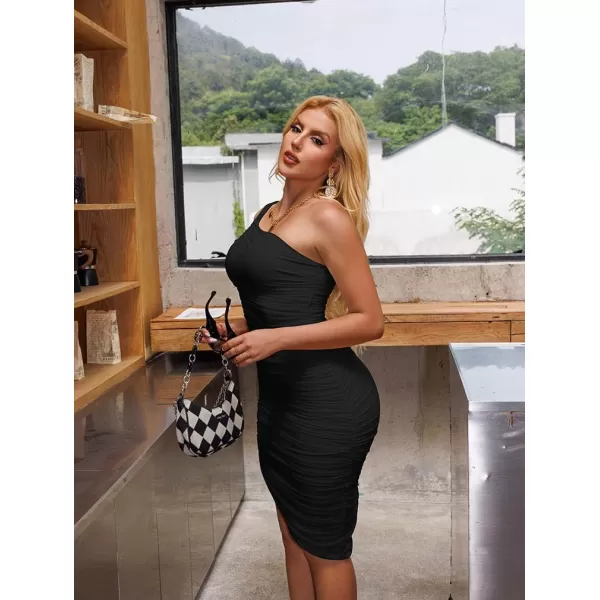 BEAGIMEG Womens Sexy Bodycon One Shoulder Ruched Mesh Club Party Cocktail Midi DressBlack