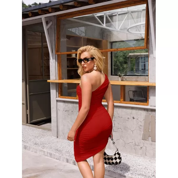 BEAGIMEG Womens Sexy Bodycon One Shoulder Ruched Mesh Club Party Cocktail Midi DressRed