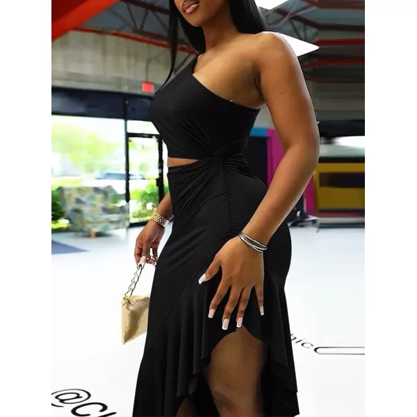BEAGIMEG Womens Sexy Bodycon One Shoulder Ruffle Assymetrical Cut Out Club Party Cocktail Maxi DressBlack