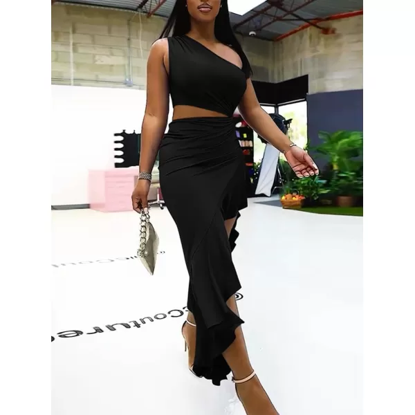 BEAGIMEG Womens Sexy Bodycon One Shoulder Ruffle Assymetrical Cut Out Club Party Cocktail Maxi DressBlack