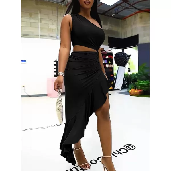 BEAGIMEG Womens Sexy Bodycon One Shoulder Ruffle Assymetrical Cut Out Club Party Cocktail Maxi DressBlack