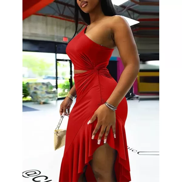 BEAGIMEG Womens Sexy Bodycon One Shoulder Ruffle Assymetrical Cut Out Club Party Cocktail Maxi DressRed