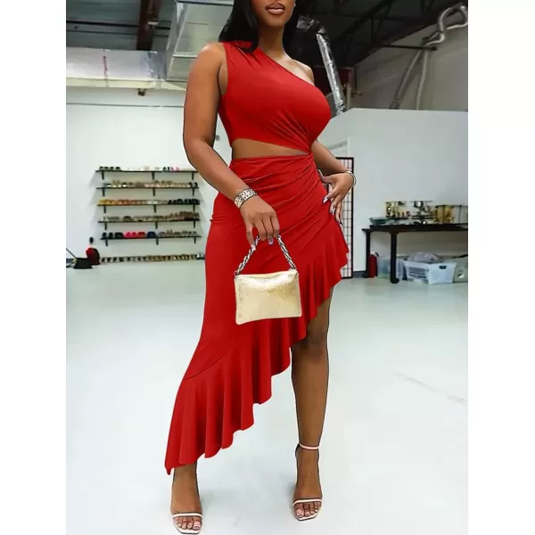BEAGIMEG Womens Sexy Bodycon One Shoulder Ruffle Assymetrical Cut Out Club Party Cocktail Maxi DressRed