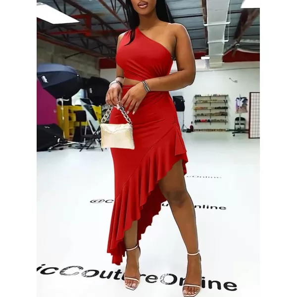 BEAGIMEG Womens Sexy Bodycon One Shoulder Ruffle Assymetrical Cut Out Club Party Cocktail Maxi DressRed