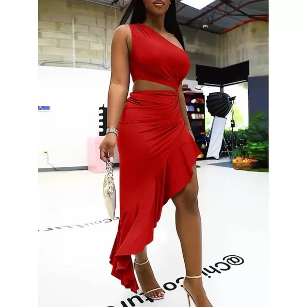 BEAGIMEG Womens Sexy Bodycon One Shoulder Ruffle Assymetrical Cut Out Club Party Cocktail Maxi DressRed